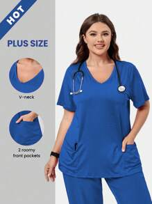 TaskEZ Plus Size V-Neck & Nursing Scrub Uniform Short Sleeve Top, Fashionable For Summer - Blue - View 1