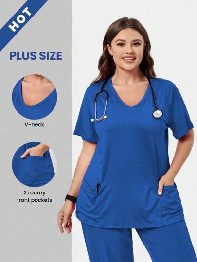 TaskEZ Plus Size V-Neck & Nursing Scrub Uniform Short Sleeve Top, Fashionable For Summer