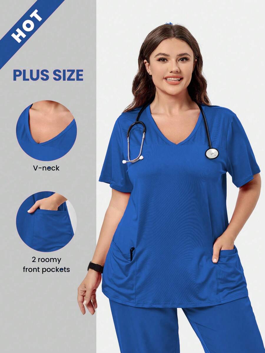 TaskEZ Plus Size V-Neck & Nursing Scrub Uniform Short Sleeve Top, Fashionable For Summer - Blue - View 1