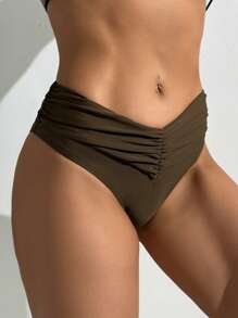 SHEIN Swim Traje de baño de una sola pieza con Bottom en forma de "V" de color marrón sólido, traje de playa de ocio para verano - Marrón - Ver 4
