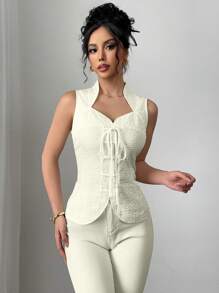 Chiquease Chinese Collar Cinched Waist Front Tie-Up Sleeveless Top, Solid Color, Fashionable For Summer