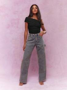 MISSGUIDED Asymmetric One Shoulder Ruched Bodysuit Elegant Evening Party Wear Stretchy Form Fitting Club Dance Ballet Dance Wear Slim Fit Basic Essential - Black - View 4