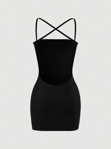 SHEIN ICON 女士春夏装狂欢节闪亮时尚性感露背闪亮水钻修身迷你连衣裙 - 黑色 - 查看 9