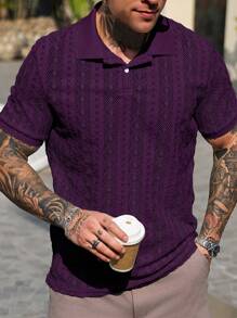 Manfinity Homme Men's Solid Color Textured Fabric Short Sleeve Casual Polo Shirt - Purple - View 6
