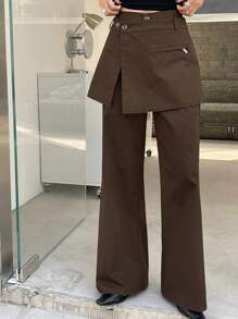 SHEIN x PRISCILA & JIMENA DAZY Women's Solid Color Layered Waist Skirt & Pants 2 Pieces Set, Mocha Brown, Business Casual All Season Fall