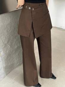 SHEIN x PRISCILA & JIMENA DAZY Women's Solid Color Layered Waist Skirt & Pants 2 Pieces Set, Mocha Brown, Business Casual All Season Fall