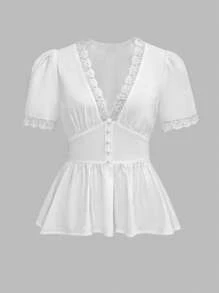 Chiquease 女士优雅法式V领腰短袖白色衬衫