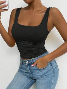 SHEIN PETITE Women's Casual Square Neck Ruffle Slim Fit Sleeveless Top, Suitable For Spring/Summer Daily Wear - Black - View 4