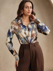 Anewsta Elegant Spring/Summer Waist-Flattering Twist Detail Long Sleeve Dyed French Style Casual Shirt - Blue - View 3
