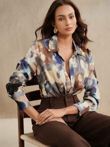 Anewsta Elegant Spring/Summer Waist-Flattering Twist Detail Long Sleeve Dyed French Style Casual Shirt - Blue - View 4