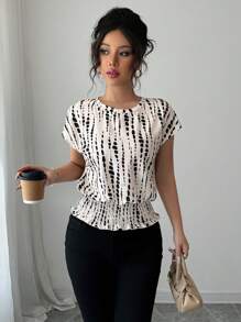 Elenzga 圆领印花松紧腰简约女式插肩袖 T 恤，适合春夏秋冬季节、演唱会女装、优雅晚礼服，适合日常、通勤、婚礼季/音乐节 - 彩色 - 查看 5