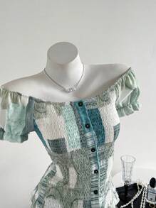 Flirla Women Pieced Flower Print Puff Sleeve Single Breasted Fashion Top - Multicolor - View 5