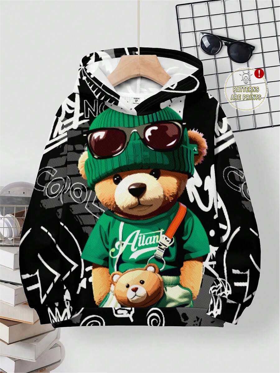 SHEIN 青少年男孩休闲简约卡通熊图案宽松长袖连帽衫秋冬季 - 彩色 - 查看 1