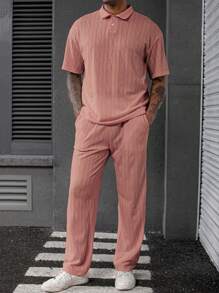 Manfinity Homme Men's Knitted Textured Polo Shirt & Shorts Set, Beige - Pink - View 4