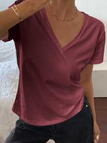 Livesso Women's Solid Color V-Neck Short Sleeve Casual Loose T-Shirt,Business Casual Women