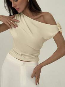 Aloruh Romantic Date Oblique Shoulder Ruched 3D Floral Form-Fitting Top Off The Shoulder Top - Apricot - View 2