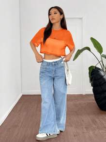 SHEIN EZwear 橙色网眼圆领宽松短袖女式衬衫 - 橘色 - 查看 6