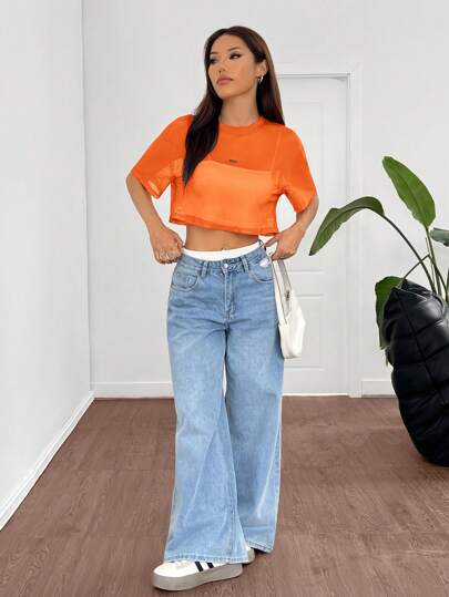 SHEIN EZwear 橙色网眼圆领宽松短袖女式衬衫