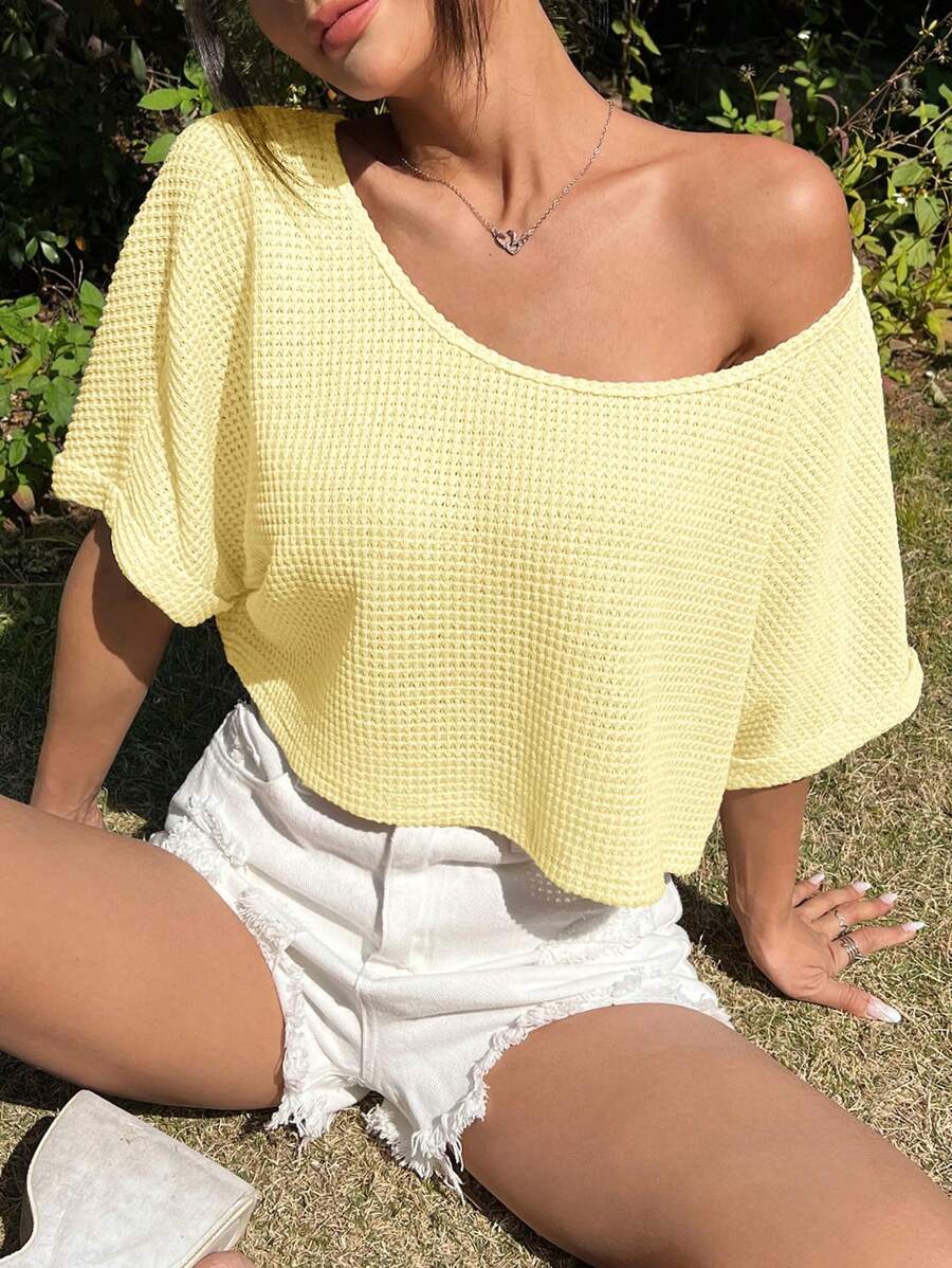 SHEIN EZwear Áo thun dệt kim vai chéo bán trong suốt thời trang mùa hè dành cho nữ màu trơn - Màu vàng - Xem 1
