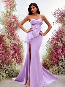 Glamrae Elegant Romantic Dignified Sweet Retro Purple Knitted Stretch Fabric Sequin Stitching Tube Dress, Suitable For Vacation, Festival, Wedding Guests, Birthday Party, Dance, Formal Dinner Dress, Evening Dress, Gown