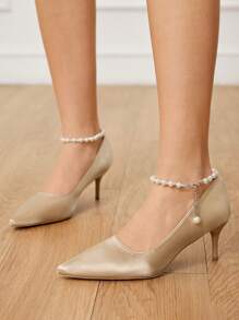CUCCOO HITCHD Zomer Nieuwe Damesschoenen Parel & Strass Hanger Ketting Enkelbandje Puntige Teen Stiletto Kitten Heels, Elegante Intellectuele Klassieke Romantische Glamour Elegante Champagne Gouden Satijnen Bruidsjurk Bruiloft Feestjurk Pumps