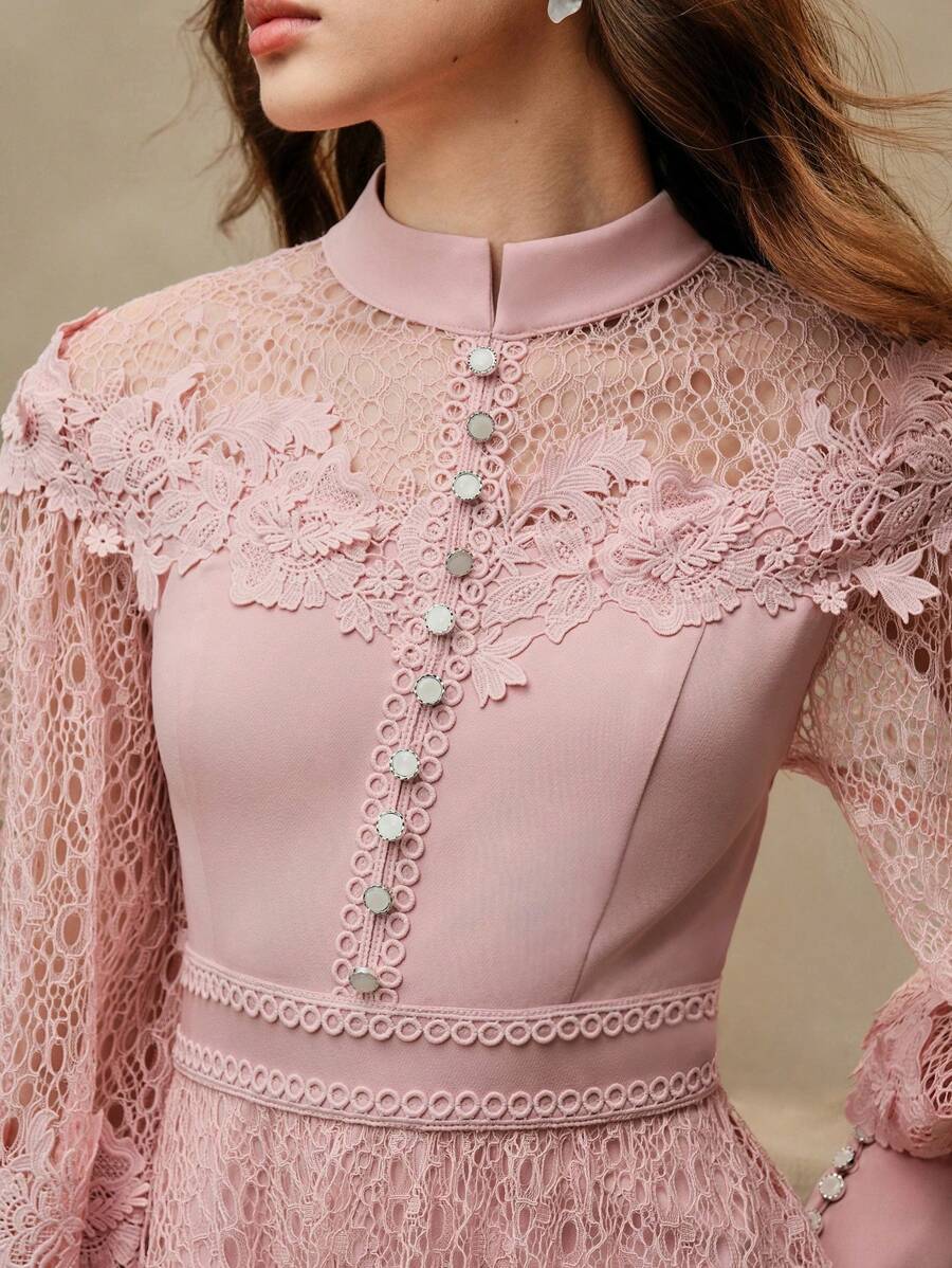 Anewsta Váy dài tay phong cách ren cho nữ, trang phục mùa xuân thanh lịch cho lễ hội, kỳ nghỉ, ngày lễ - Hồng - Xem 1