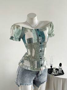 Flirla Women Pieced Flower Print Puff Sleeve Single Breasted Fashion Top - Multicolor - View 1