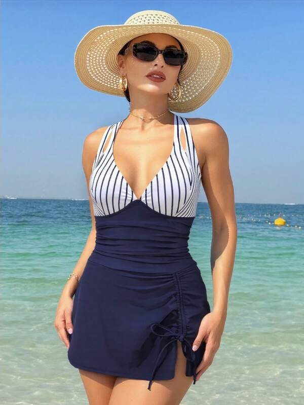 Swim Lushoire Women's Elegant Floral Printed Jumpsuit Swimsuit, Navy Blue Holiday Swimwear