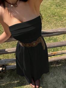 SHEIN EZwear Women's Black Strapless Maxi Dress: Sleeveless Woven Fabric Flared Hem Casual Style Long Dress - Black - View 5