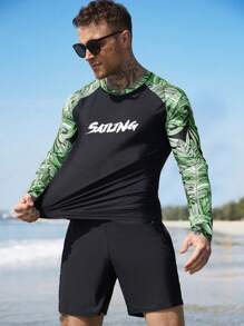 Manfinity Swimmode 2pcs Men's Letter Print Raglan Sleeve Swimwear Set: Long Sleeve Top And Shorts - Black - View 3