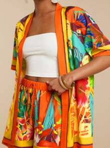 Travachic Summer Outing Holiday Date Set, Women's Shirt And Shorts Multi-Color Casual Printed Vacation Beach Two-Piece Set, Outing Date, Women's Summer Vacation Outfit, Summer Beach Holiday Two-Piece Set, Back-To-School Outfit, Very Simple Outfit, Office Outfit, Old Money Outfit, Teacher Outfit, Date Outfit, Casual Outfit For Going Out To Best Friend Afternoon Tea And Shopping, Outfit For Going Out To Music Festival, Vacation Outfits Woman Sets Island Vacation Outfits - Multicolor - View 3