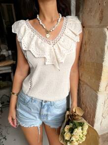 SHEIN Frenchy Women's Casual Knitted Apricot Top With V-Neck, Ruffle Detail, And Short Sleeves Summer - Apricot - View 4