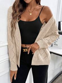 EMERY ROSE Casual Comfortable Hollow Rhombus Pattern Cardigan For Women Fall Winter Cloth For Women - Apricot - View 4