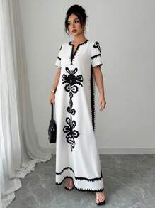 SHEIN Tall Women's Elegant Contrast Color Printed Dress, Summer - White - View 6