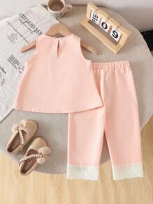 Baby Mädchen beige ärmelloses locker sitzendes Top mit bestickter Vorderseite und breite Hose mit Spitzenbesatz, Sommer Lässig Set