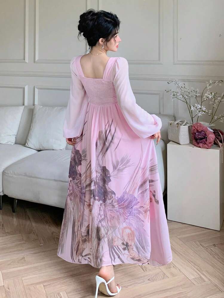 Women's Tropical Plant Print Twist Front Lantern Sleeve Dress