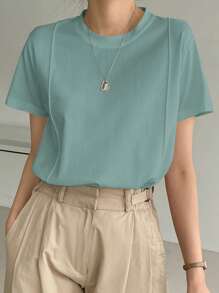 DAZY Solid Seam Detail Tee,Business Casual Women - Cadet Blue - View 6