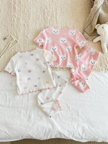 SHEIN 新生女婴可爱卡通猫咪印花荷叶边肩部按扣圆领短袖上衣和裤子 4 件套针织舒适休闲睡衣套装 - 粉色 - 查看 2