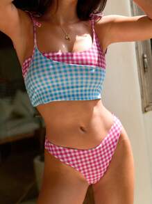 Swim Mod Women's Gingham Reversible Bikini Top, DIY Design Versatile Sweet Vacation Style For Summer - Multicolor - View 1