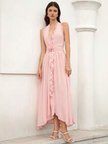 Aveloria 新款法式浪漫优雅女装度假奢华高端V领无袖层叠荷叶边装饰腰部修身连衣裙 - 粉色 - 查看 6