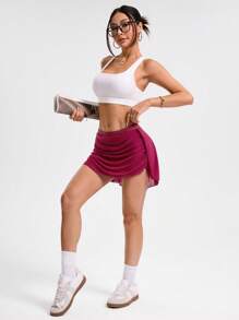 女士百褶时尚芭蕾舞裙 - 酒紅色 - 查看 3