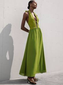 Aveloria Modichic New French Fashion Elegant Resort Atmosphere Woman Beach Premium Deep V Hollow Design Halter Tie Shoulder-Baring Sleeveless Cinched Waist Slim Fit Backless Chiffon Dress - Green - View 5
