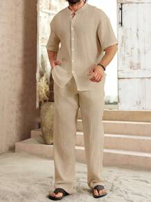VENTUSAIL Men's Casual Solid Color Shirt & Pants Set, Minimalist Fashion For Daily Casual Wear, Men Two Pieces Outfits, White Men Set, Boy Friends Gifts Linen 2 Pieces Sets Men's S Linen 2 Pieces Sets, Cozy Outfits - Khaki - View 5