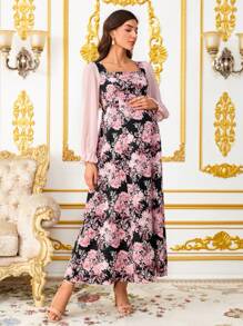 SHEIN Maternity Long Sleeve Dress, Fashionable And Suitable For Summer Floral Dress - Violet Purple - View 3