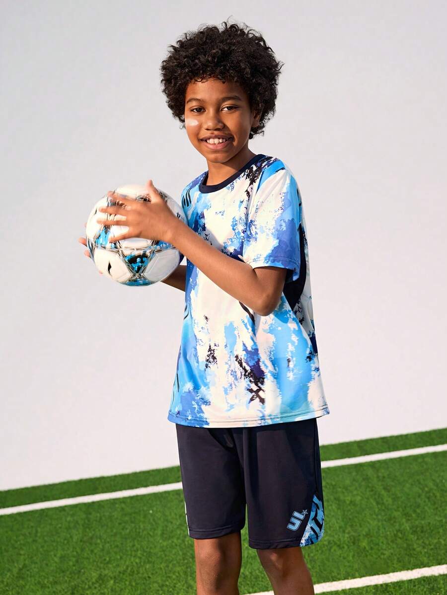 JNSQ Back To School Tween Boy Tie-Dye Print Short Sleeve T-Shirt And Shorts Outdoor Sports Suit - Multicolor - View 1