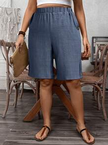 SHEIN LUNE Pantalones cortos de talla grande para mujer con estilo francés, casuales, de vacaciones/para la oficina, de unicolor, con decoración de botones y bolsillos - Neblina azul - Ver 5