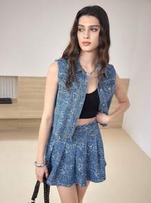 MOTF STUDIO FLORAL PATTERN RAW HEM DENIM VEST