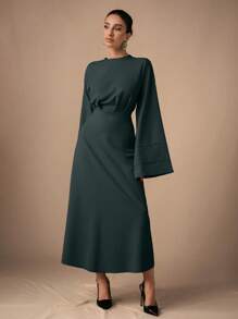 SHEIN Cottnline Elegant Commuting Solid Color Bell Sleeve Dress - Dark Green - View 3