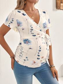 SHEIN Maternity V-Neck Short Sleeve T-Shirt, Fashionable For Summer - Apricot - View 6