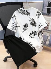 SHEIN 2pcs Set Teen Boy's Tropical Print Tee & Drawstring Waist Shorts;Spring Wear; Teen Boys' Clothing; Teen Boy' Jackets, Spring Back To School - Black - View 2